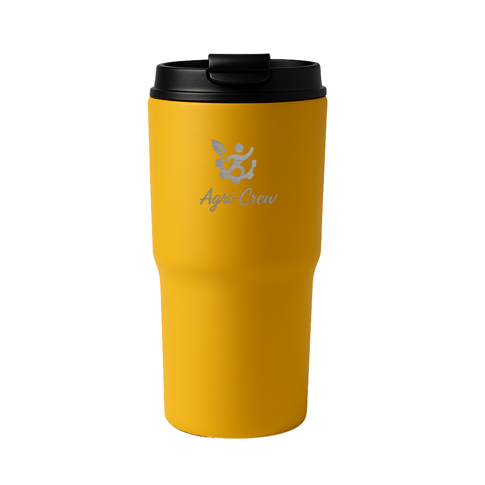 Agri Crew Thermobecher 550 ml – Dein Begleiter für Hof, Traktor & Alltag – mit Lasergravur Logo – in Schwarz, Weiß, Blau & Gelb