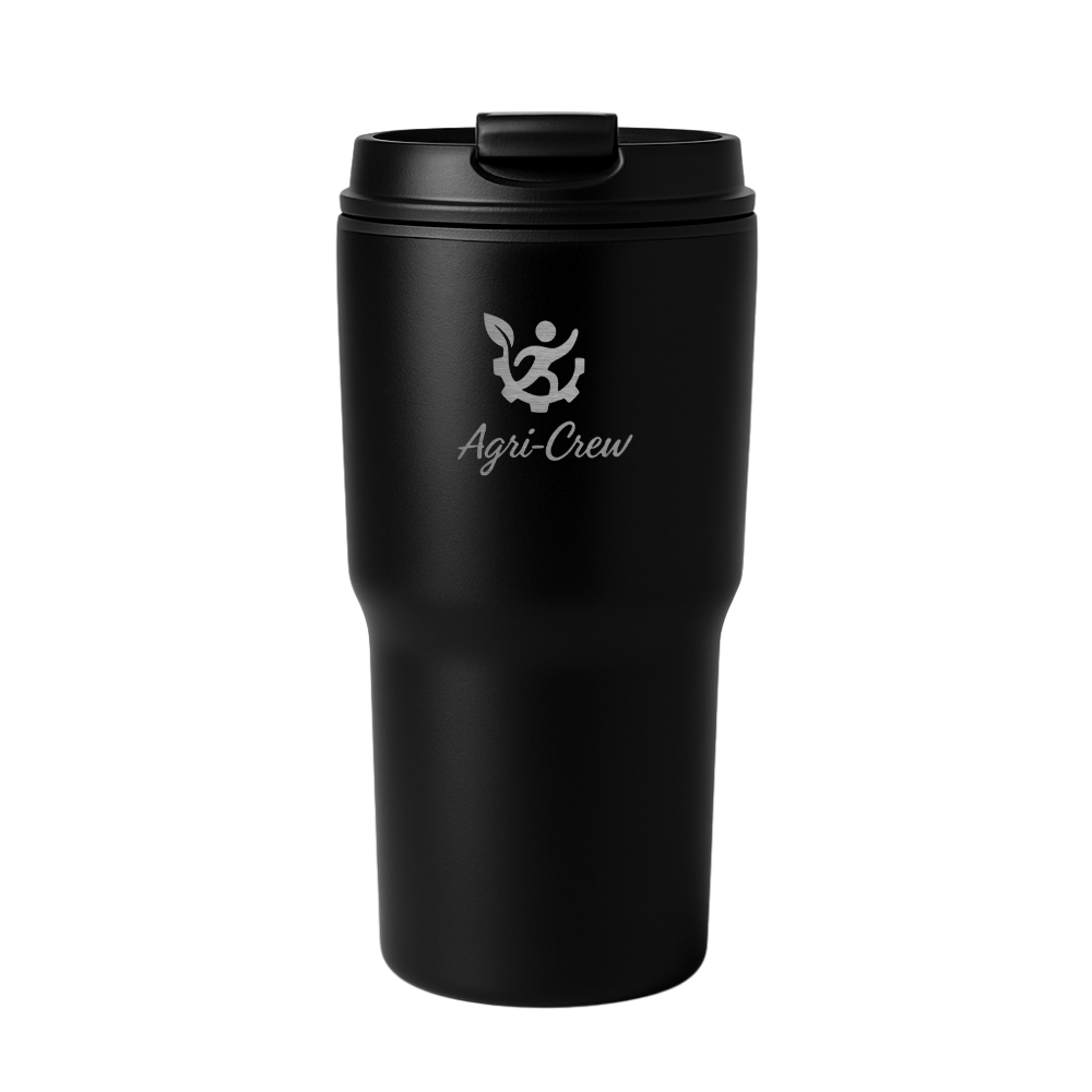 Agri Crew Thermobecher 550 ml – Dein Begleiter für Hof, Traktor & Alltag – mit Lasergravur Logo – in Schwarz, Weiß, Blau & Gelb